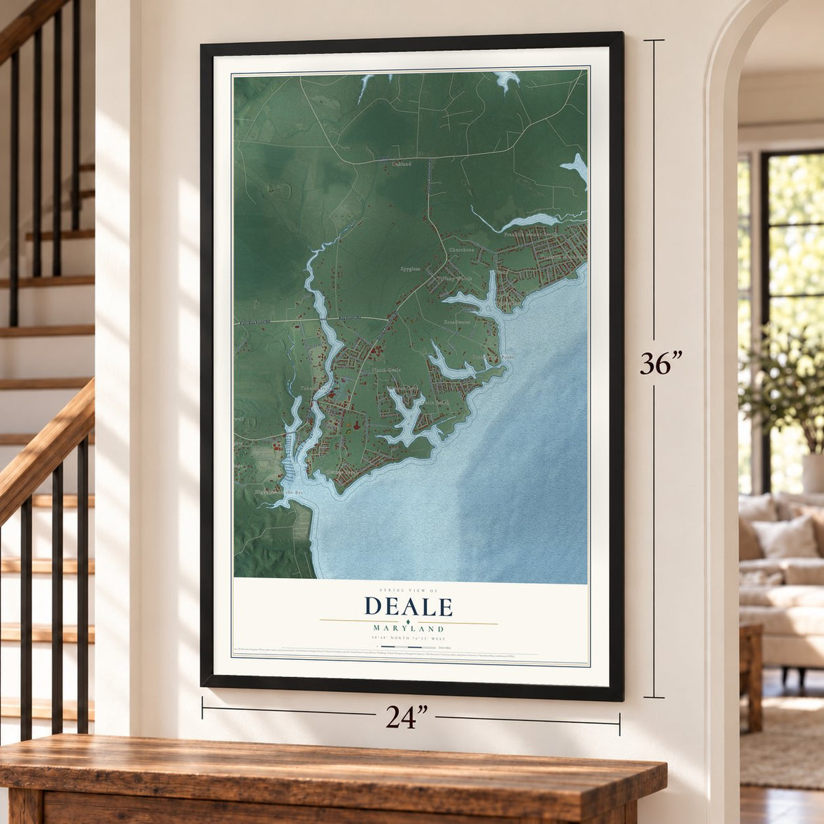 Deale, Maryland map, 24 x 36 inch print in a black frame by a staircase
