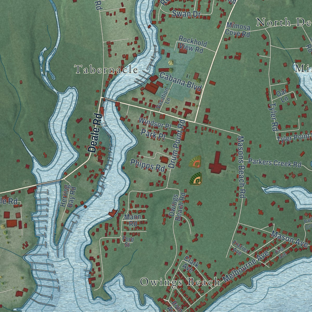 Close-up of the map of Deale, Maryland print showing street and building detail