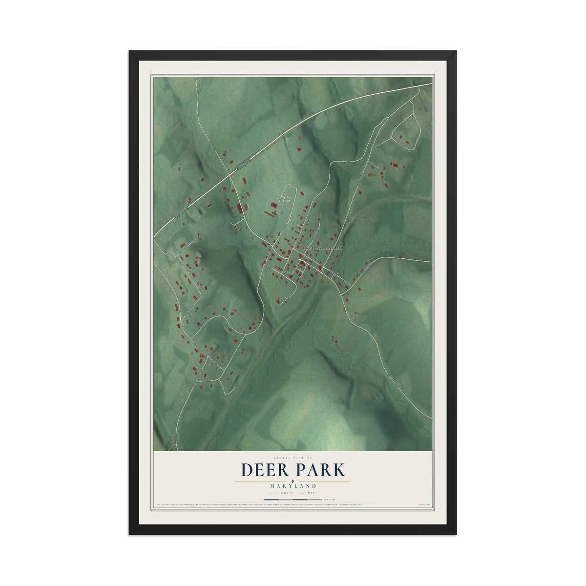 Map of Deer Park, Maryland, 12 x 18 inch print in a black wood frame