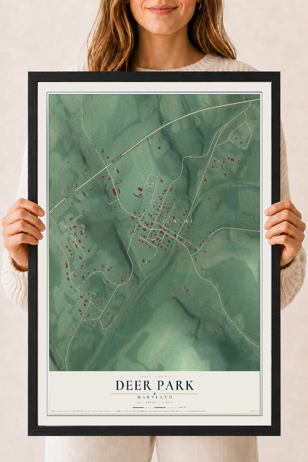 Map of Deer Park, Maryland, 18 x 24 inch print in a black wood frame