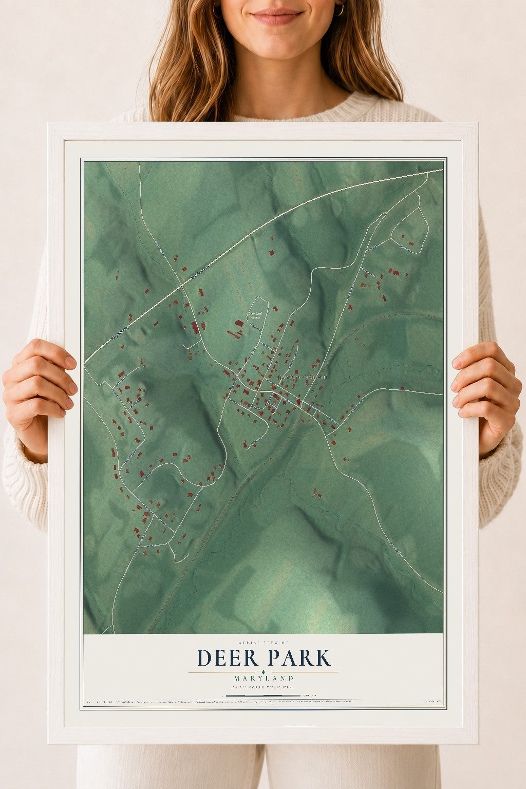 Map of Deer Park, Maryland, 18 x 24 inch print in a white wood frame