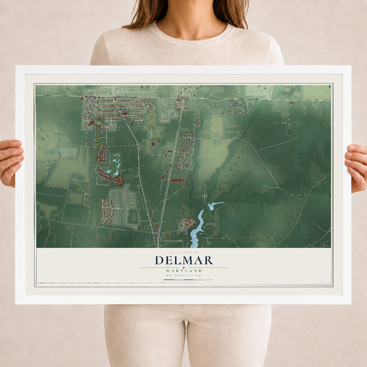 Map of Delmar, Maryland, 18 x 24 inch print in a white wood frame