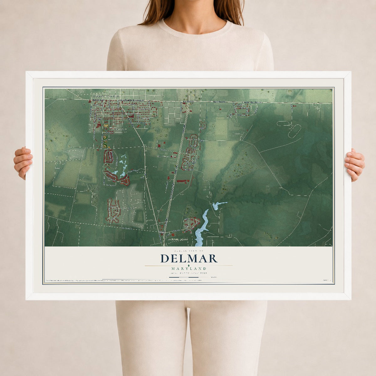 Map of Delmar, Maryland, 24 x 36 inch print in a white wood frame