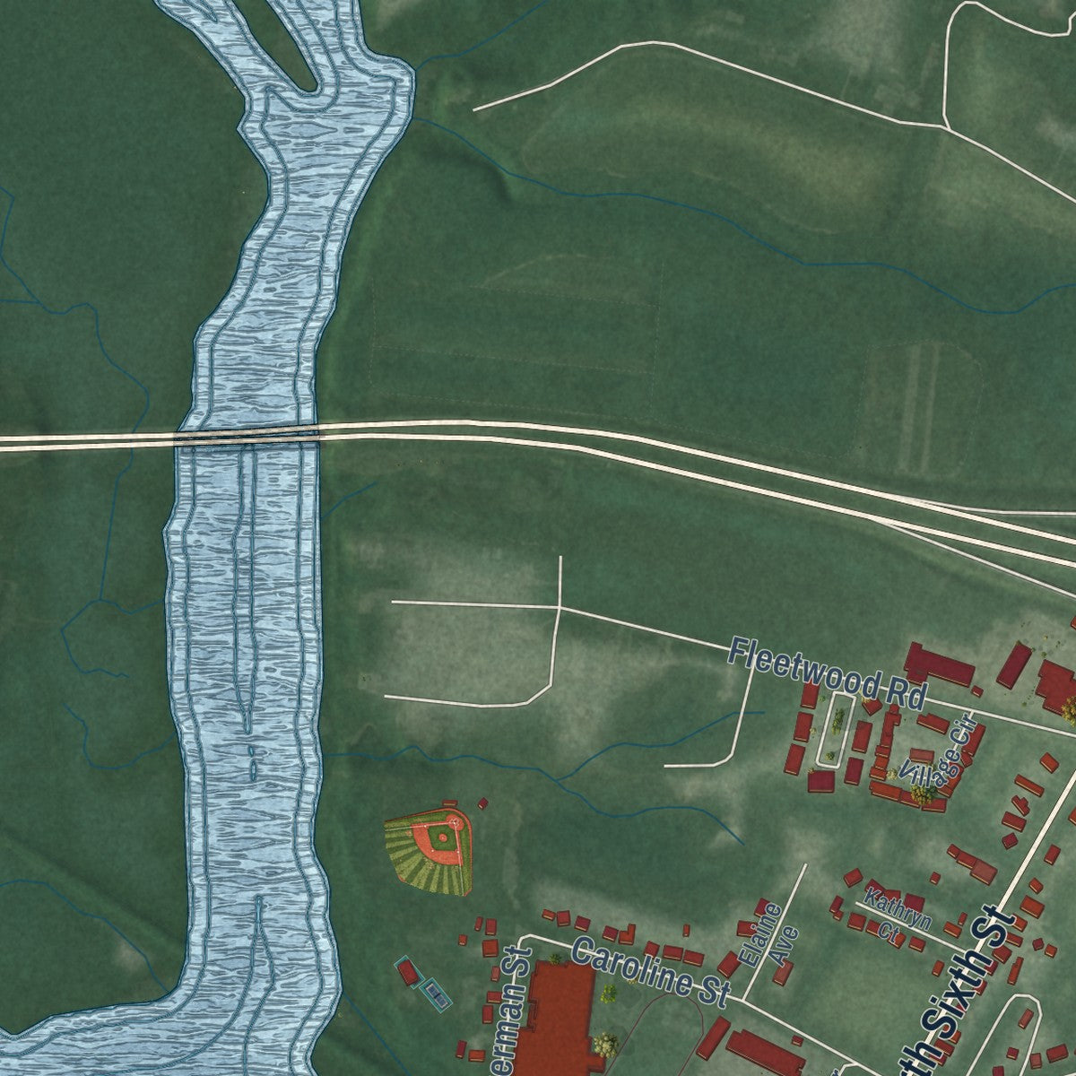 Second close-up of the map of Denton, Maryland print showing more streets and buildings