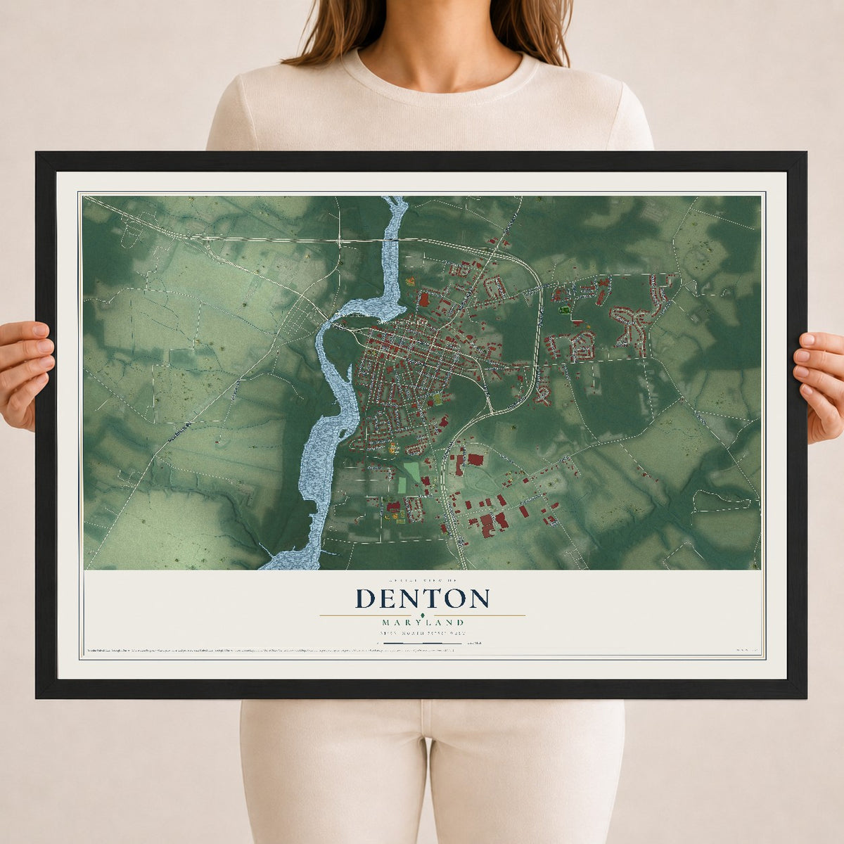 Map of Denton, Maryland, 18 x 24 inch print in a black wood frame