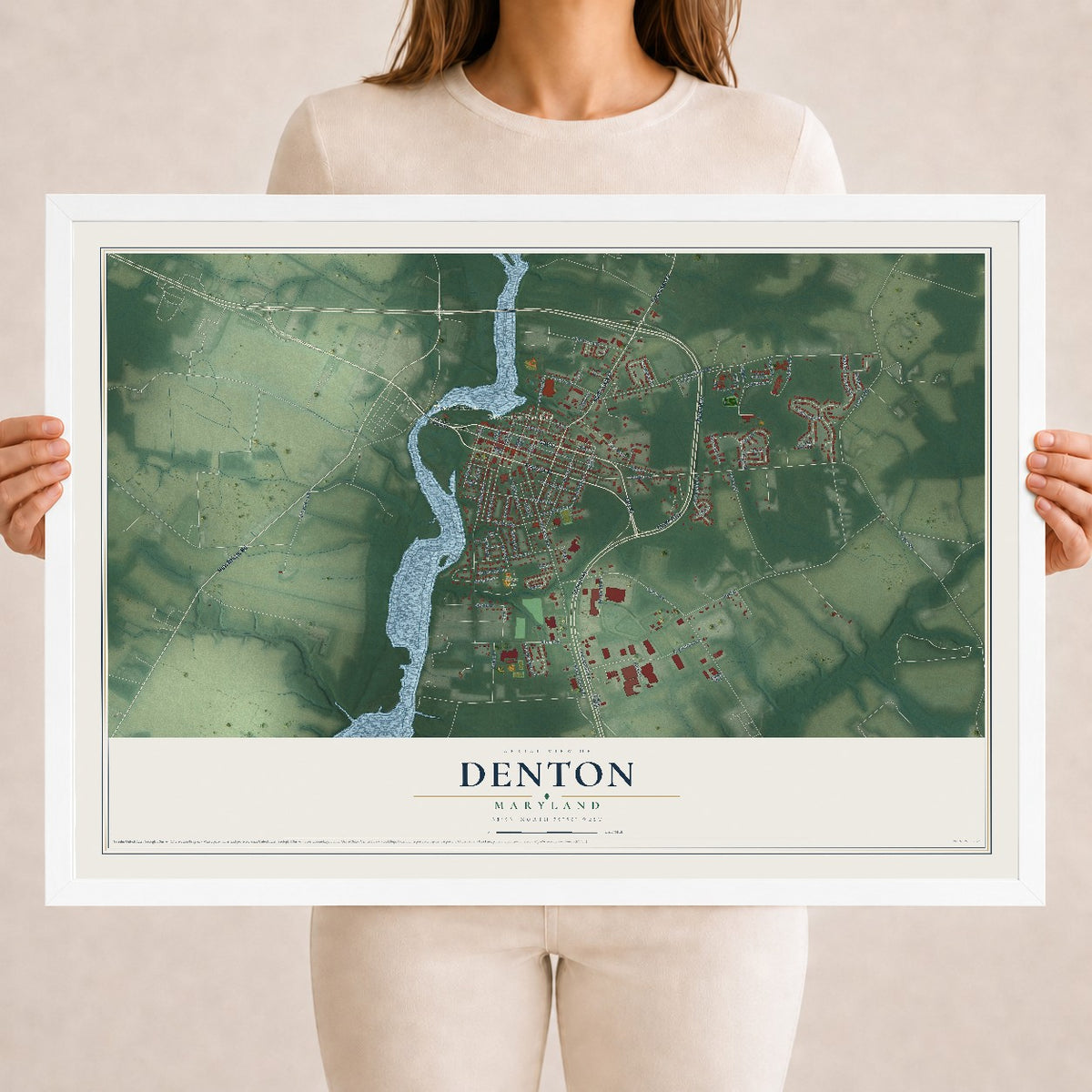 Map of Denton, Maryland, 18 x 24 inch print in a white wood frame