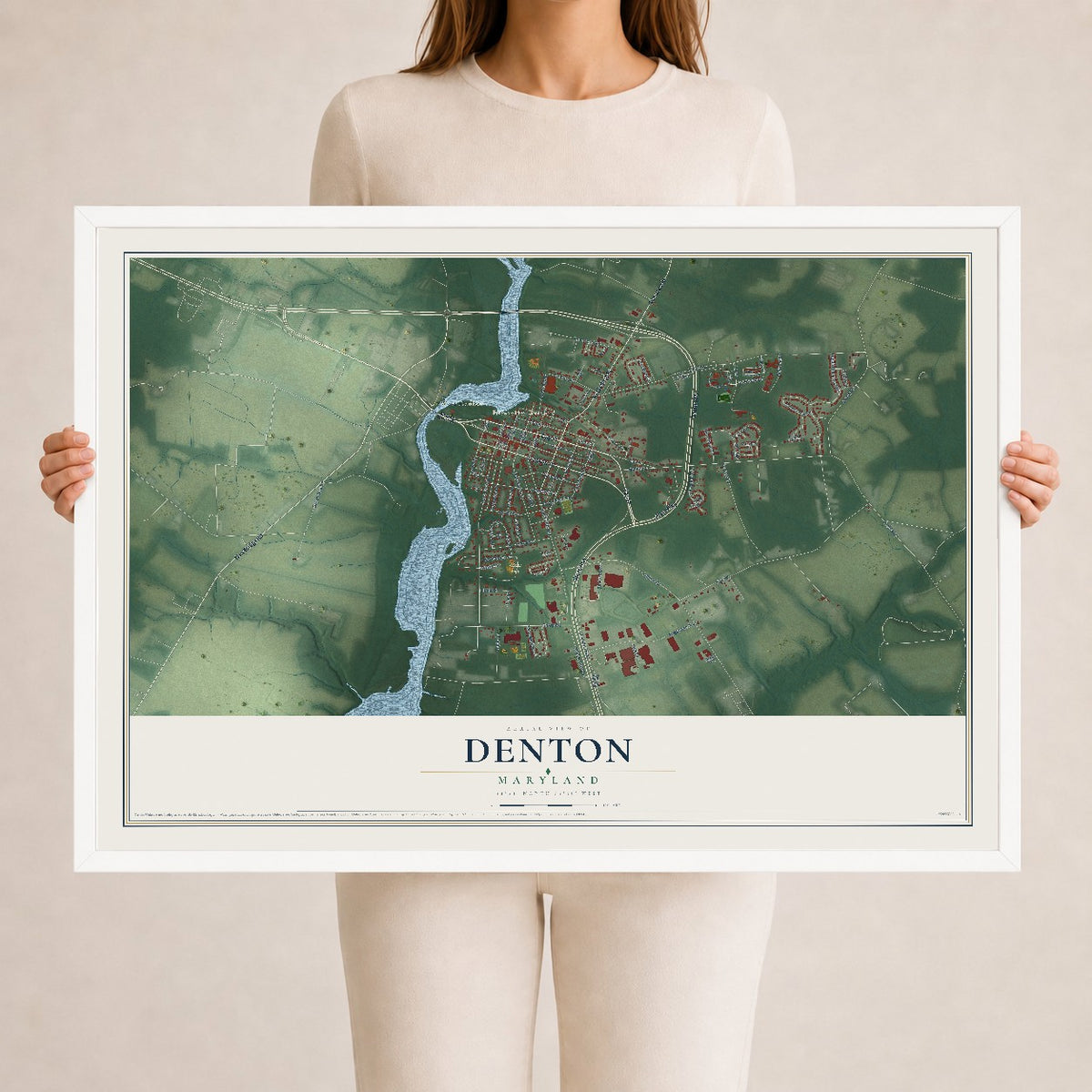Map of Denton, Maryland, 24 x 36 inch print in a white wood frame