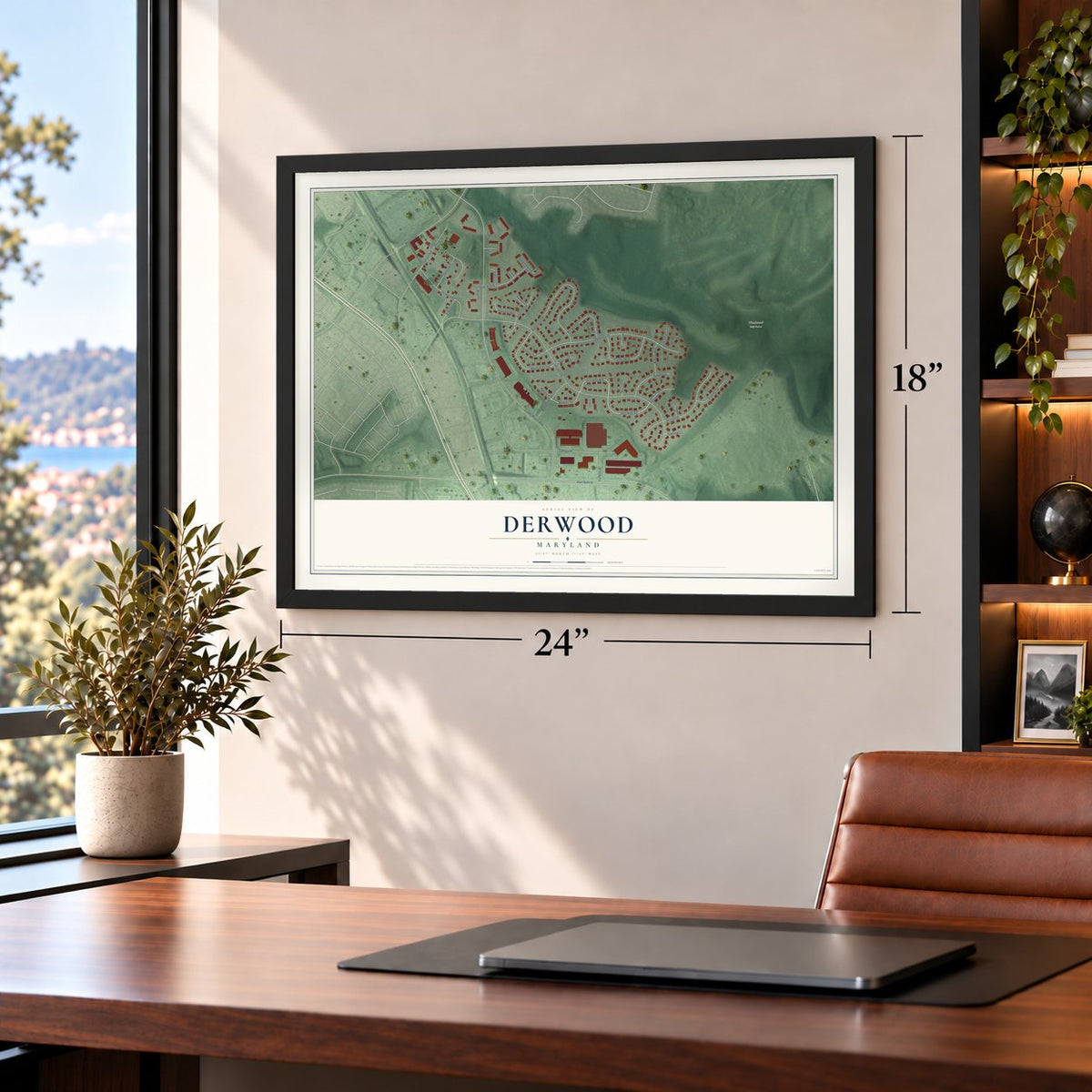 Derwood, Maryland map, 18 x 24 inch print in a black frame in a home office