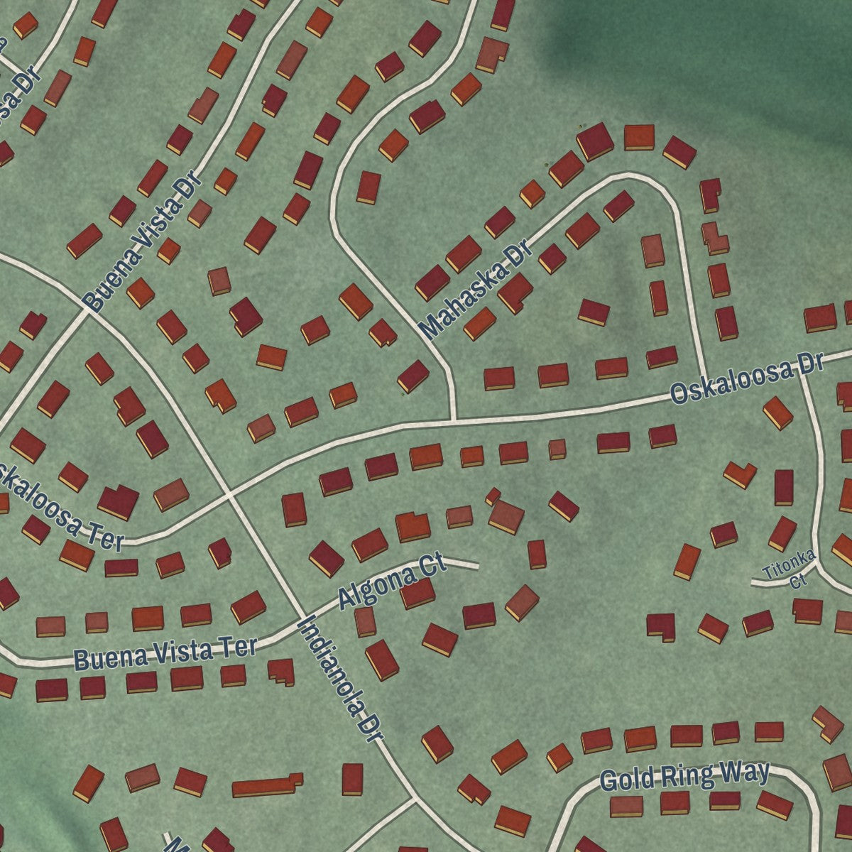 Close-up of the map of Derwood, Maryland print showing street and building detail