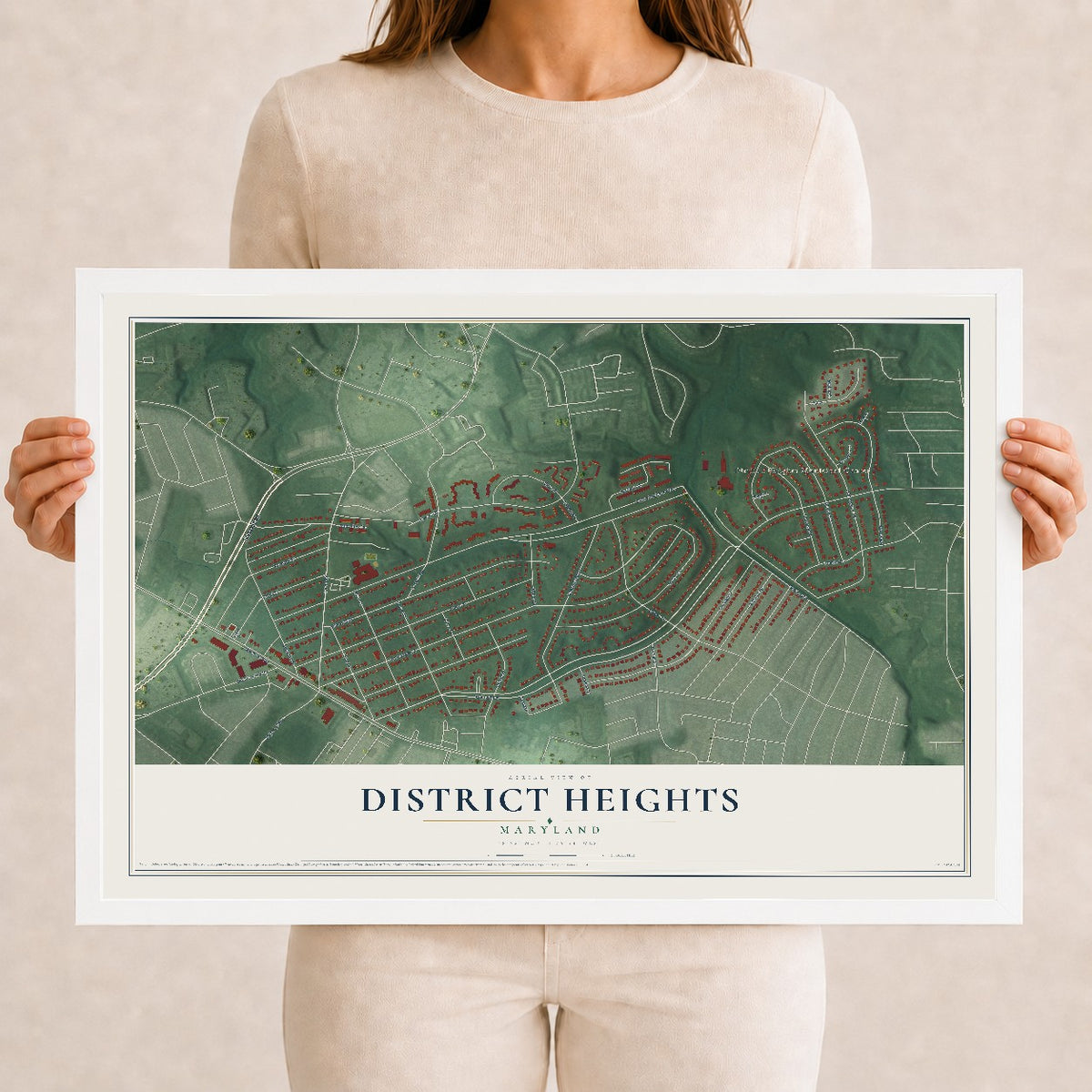 Map of District Heights, Maryland, 12 x 18 inch print in a white wood frame