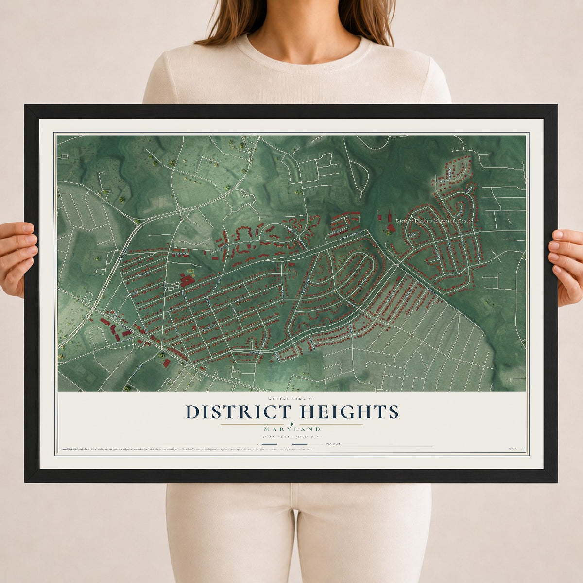 Map of District Heights, Maryland, 18 x 24 inch print in a black wood frame