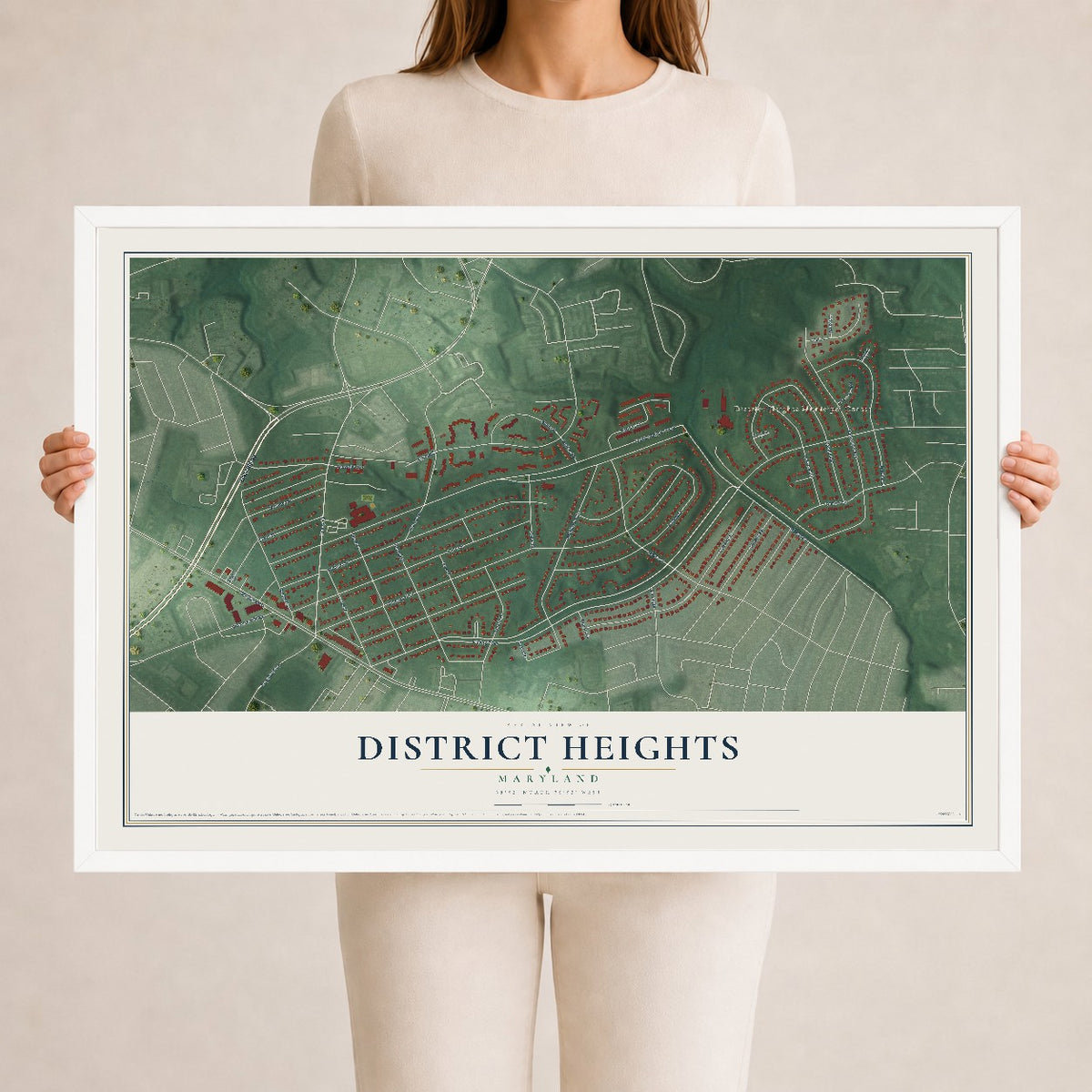 Map of District Heights, Maryland, 24 x 36 inch print in a white wood frame