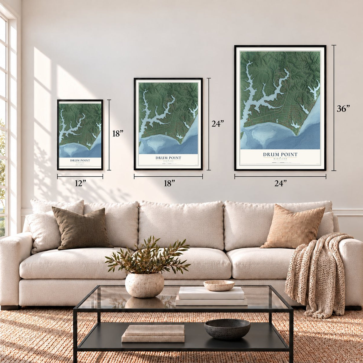 Drum Point, Maryland map in 12 x 18, 18 x 24 and 24 x 36 inch sizes above a sofa