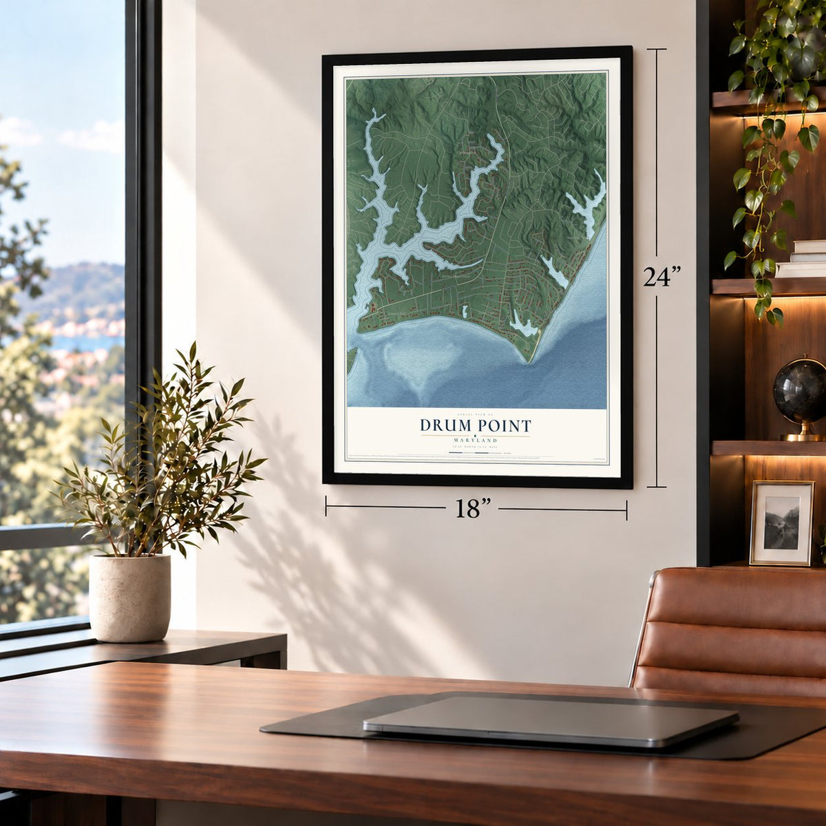 Drum Point, Maryland map, 18 x 24 inch print in a black frame in a home office