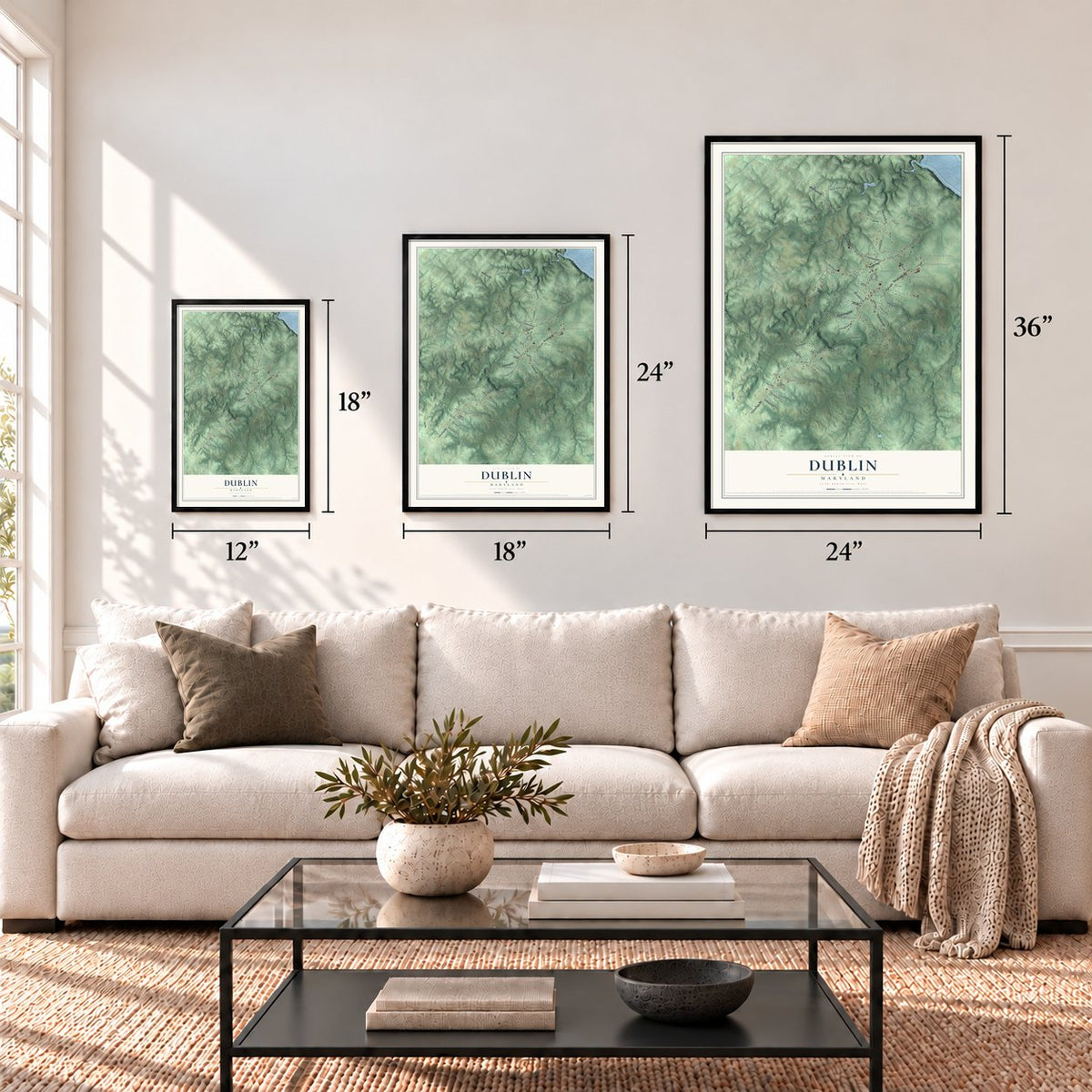 Dublin, Maryland map in 12 x 18, 18 x 24 and 24 x 36 inch sizes above a sofa