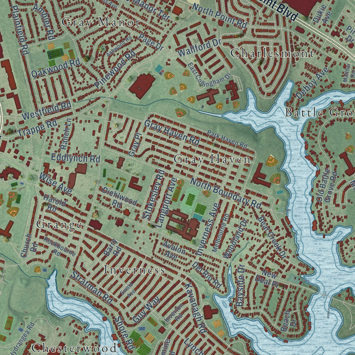 Close-up of the map of Dundalk, Maryland print showing street and building detail