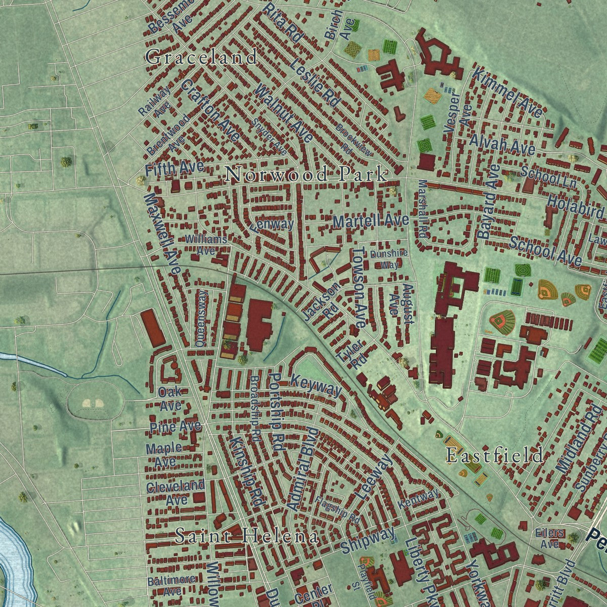 Second close-up of the map of Dundalk, Maryland print showing more streets and buildings