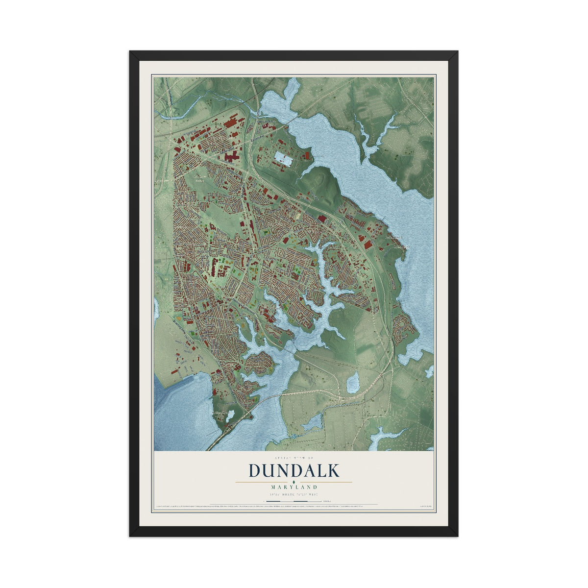 Map of Dundalk, Maryland, 12 x 18 inch print in a black wood frame