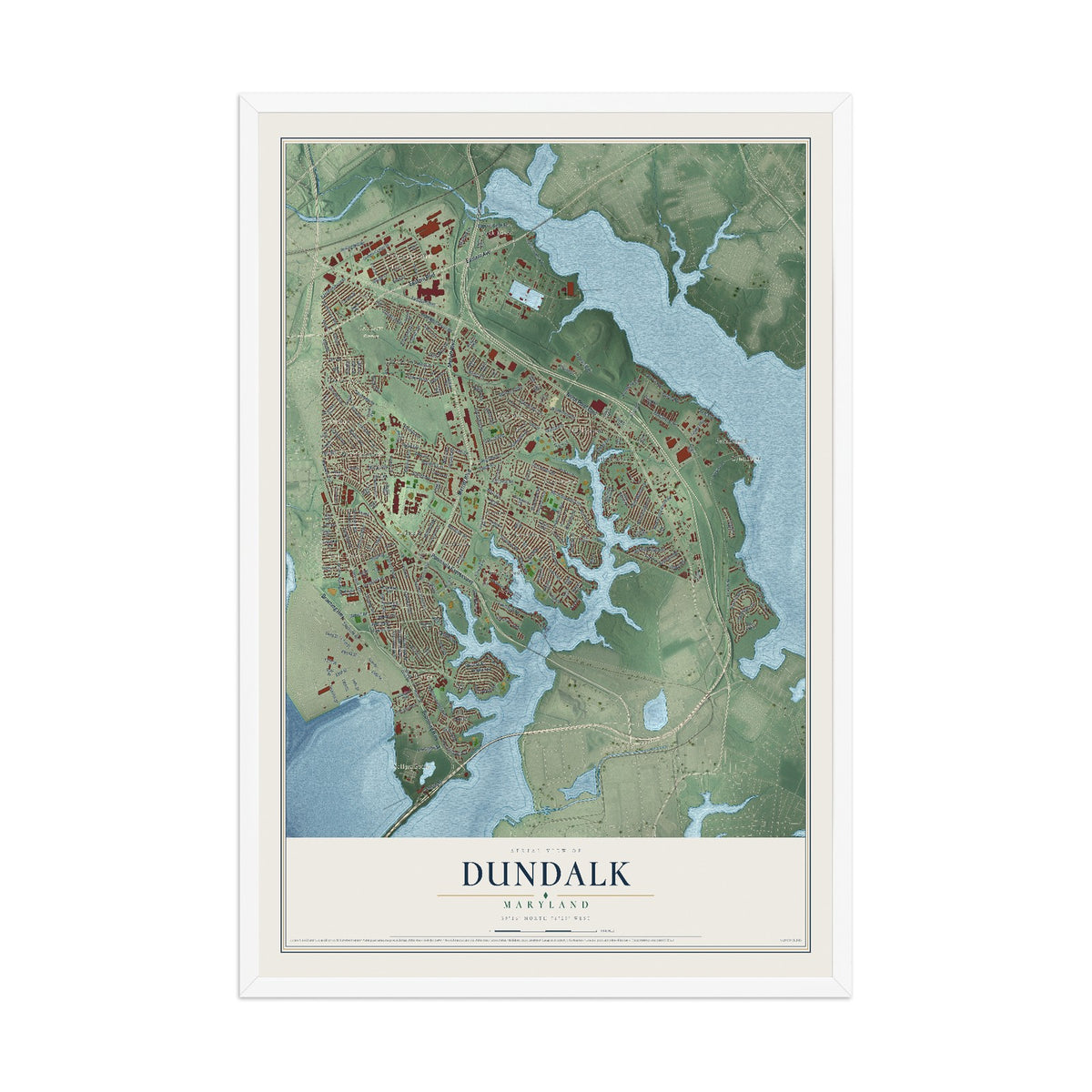 Map of Dundalk, Maryland, 12 x 18 inch print in a white wood frame