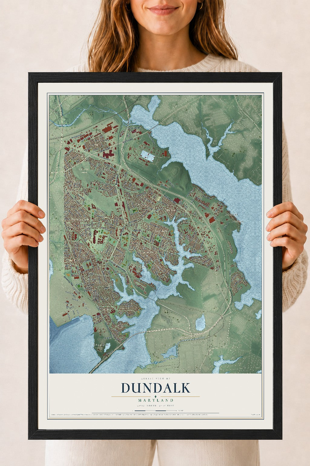 Map of Dundalk, Maryland, 18 x 24 inch print in a black wood frame