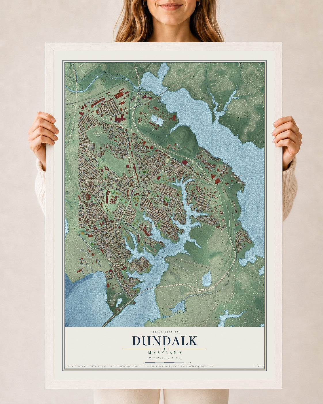 Map of Dundalk, Maryland, 24 x 36 inch print in a white wood frame
