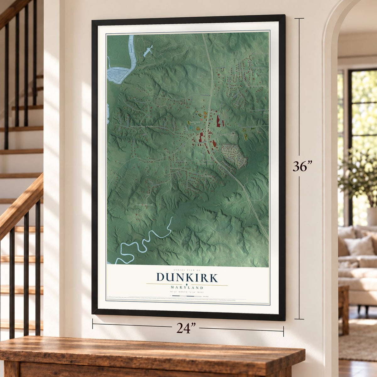 Dunkirk, Maryland map, 24 x 36 inch print in a black frame by a staircase