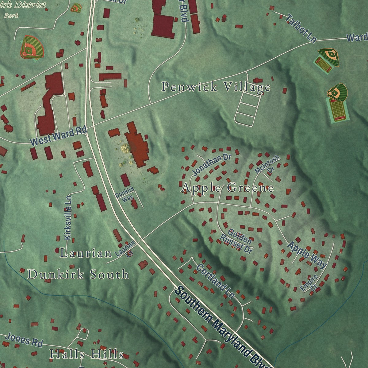 Close-up of the map of Dunkirk, Maryland print showing street and building detail