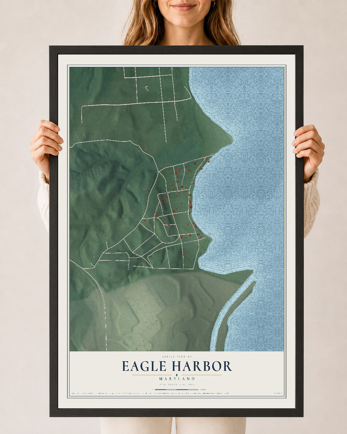 Map of Eagle Harbor, Maryland, 24 x 36 inch print in a black wood frame