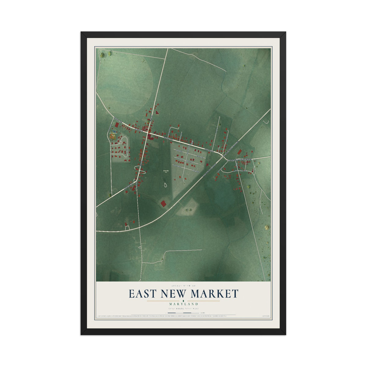 Map of East New Market, Maryland, 12 x 18 inch print in a black wood frame