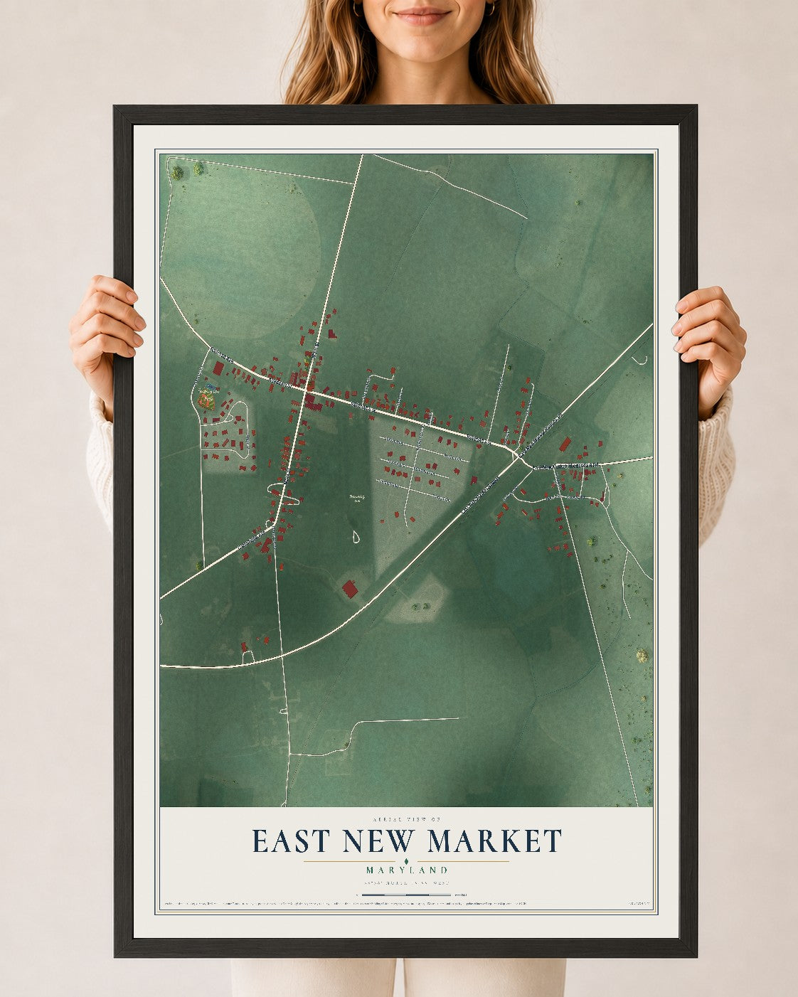 Map of East New Market, Maryland, 24 x 36 inch print in a black wood frame