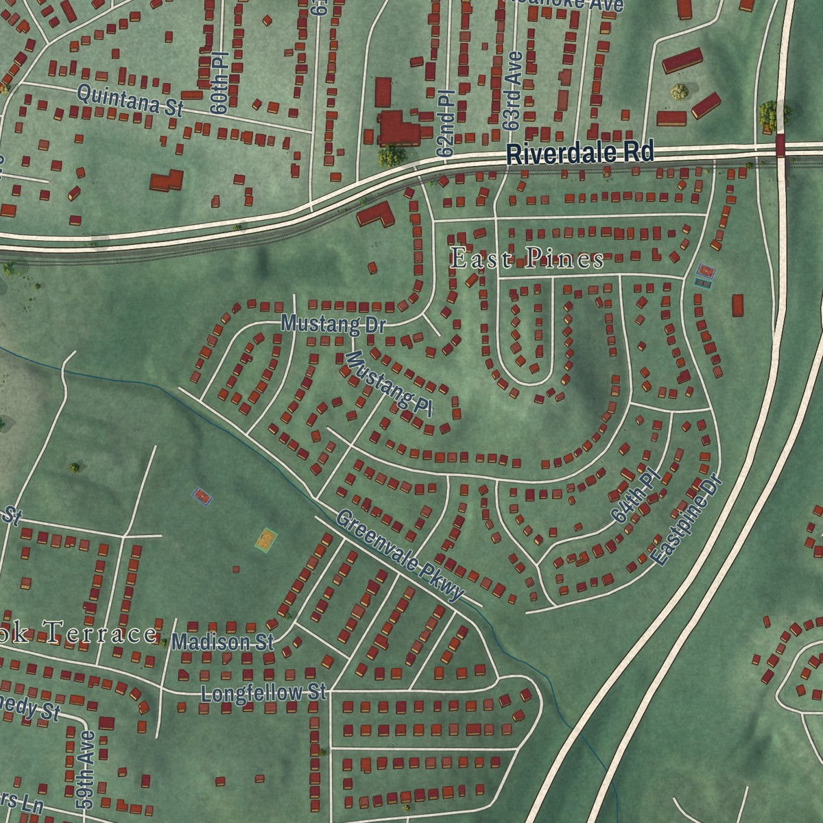 Close-up of the map of East Riverdale, Maryland print showing street and building detail