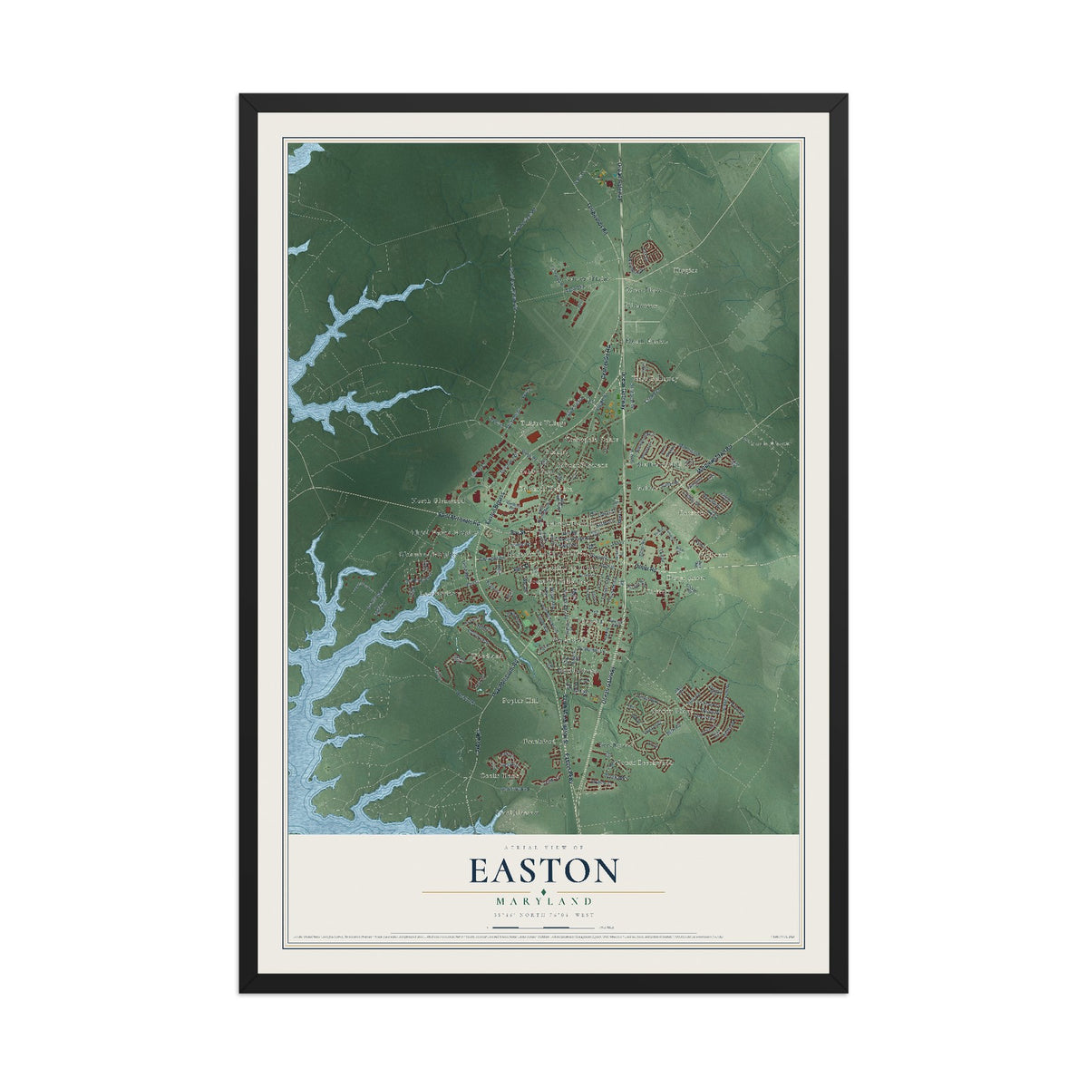 Map of Easton, Maryland, 12 x 18 inch print in a black wood frame