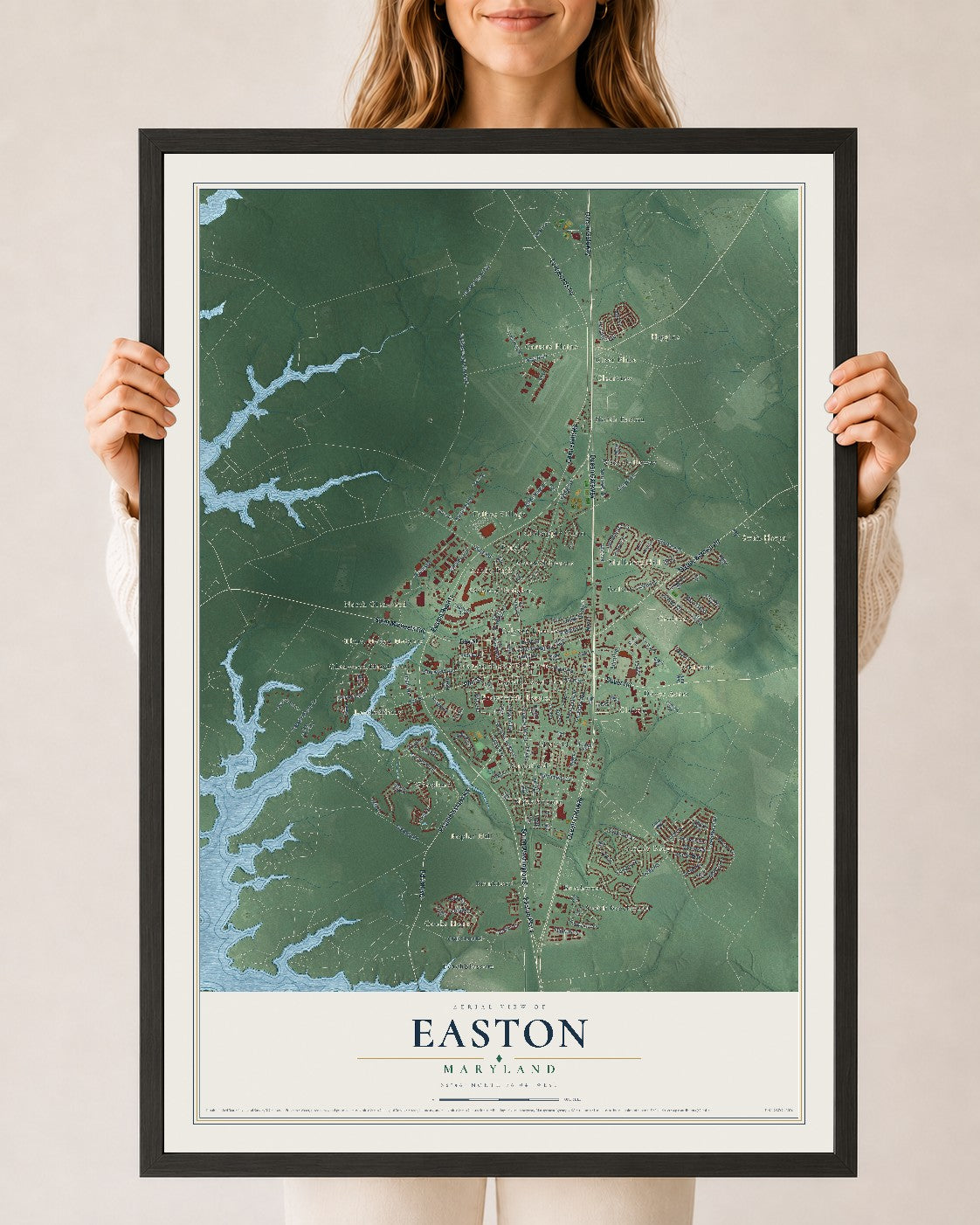 Map of Easton, Maryland, 24 x 36 inch print in a black wood frame