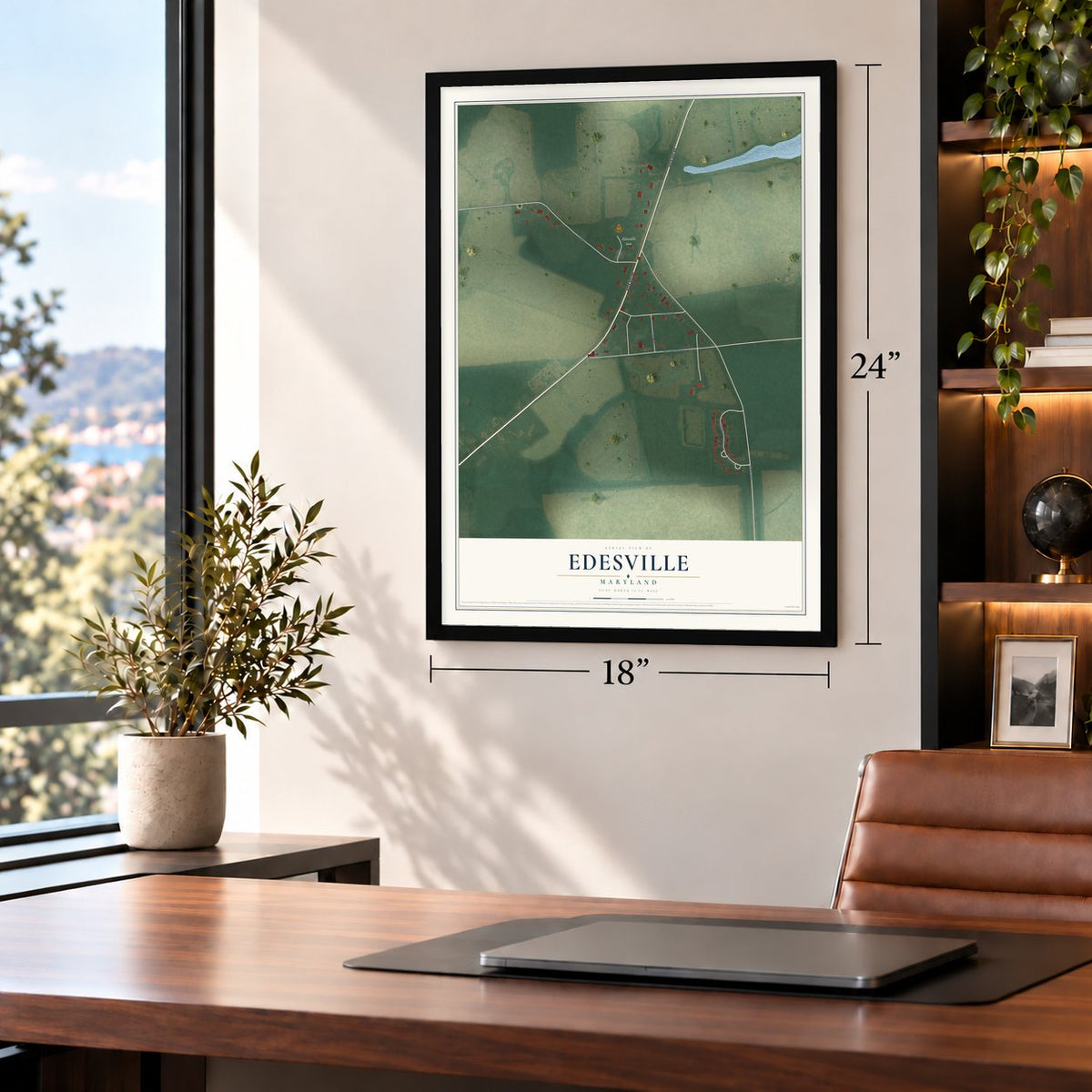 Edesville, Maryland map, 18 x 24 inch print in a black frame in a home office