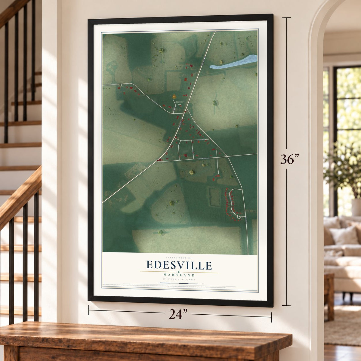 Edesville, Maryland map, 24 x 36 inch print in a black frame by a staircase