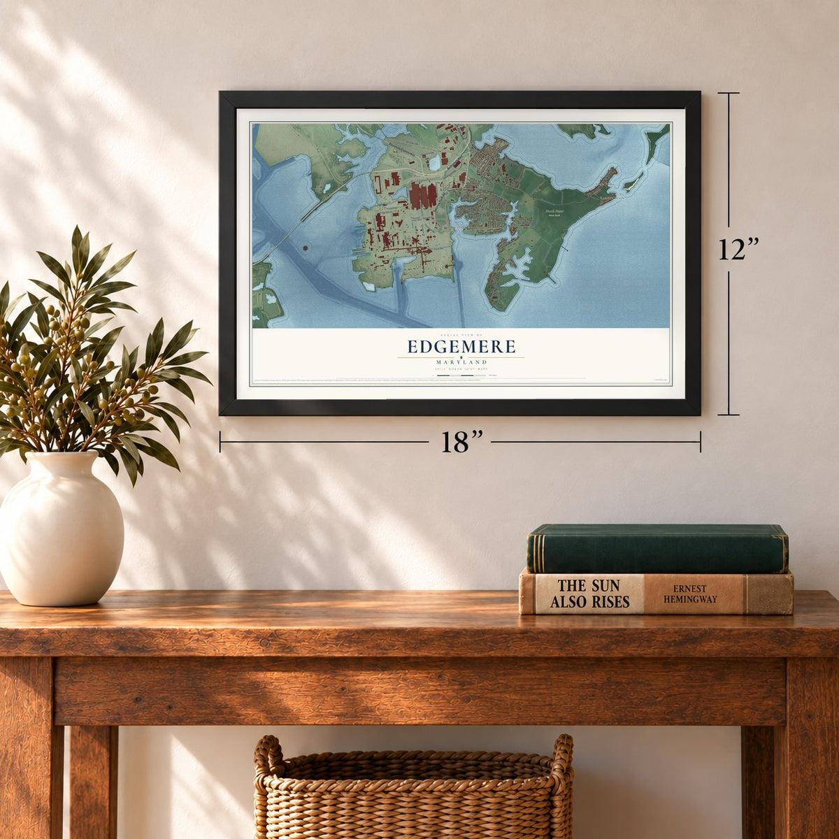 Edgemere, Maryland map, 12 x 18 inch print in a black frame in an entryway