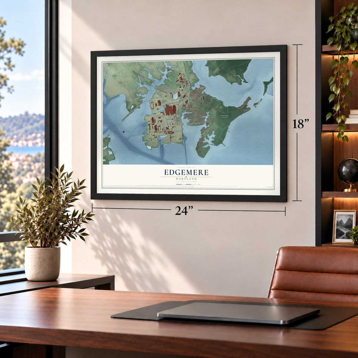 Edgemere, Maryland map, 18 x 24 inch print in a black frame in a home office