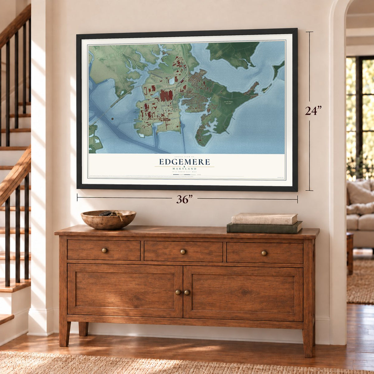 Edgemere, Maryland map, 24 x 36 inch print in a black frame above a dresser by a staircase