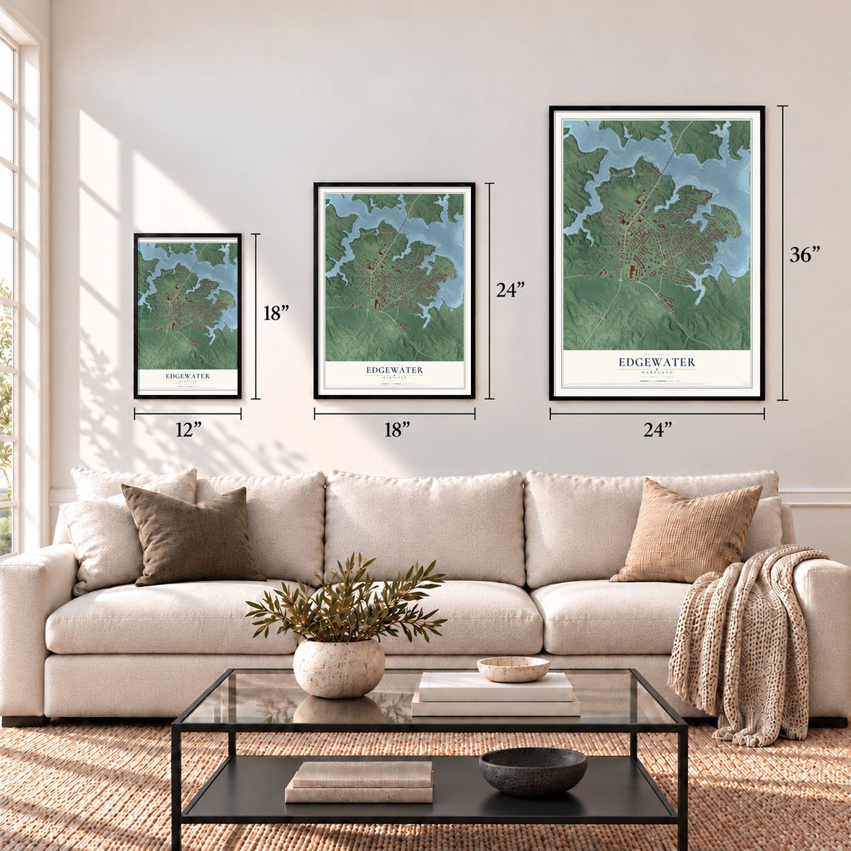 Edgewater, Maryland map in 12 x 18, 18 x 24 and 24 x 36 inch sizes above a sofa