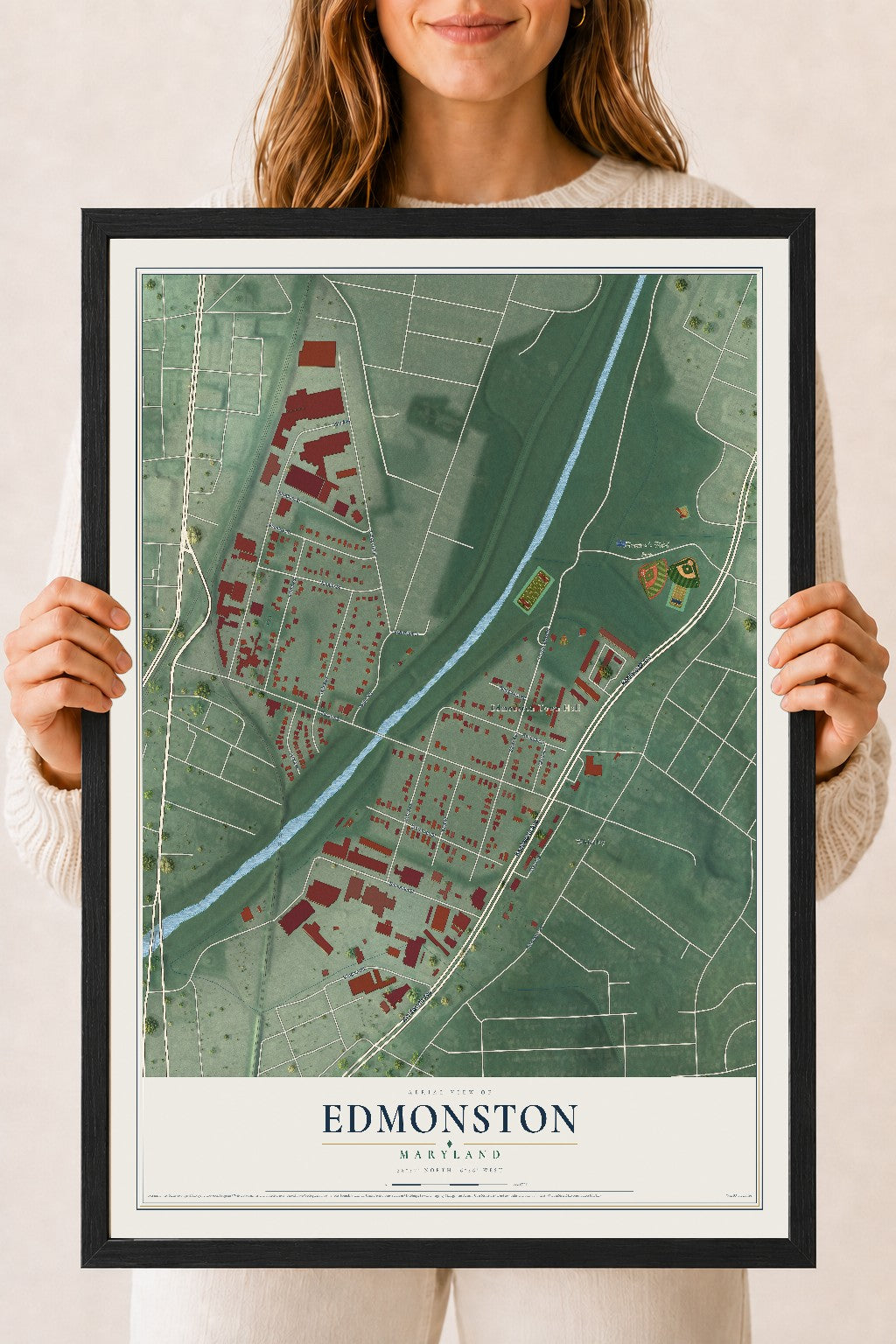 Map of Edmonston, Maryland, 18 x 24 inch print in a black wood frame