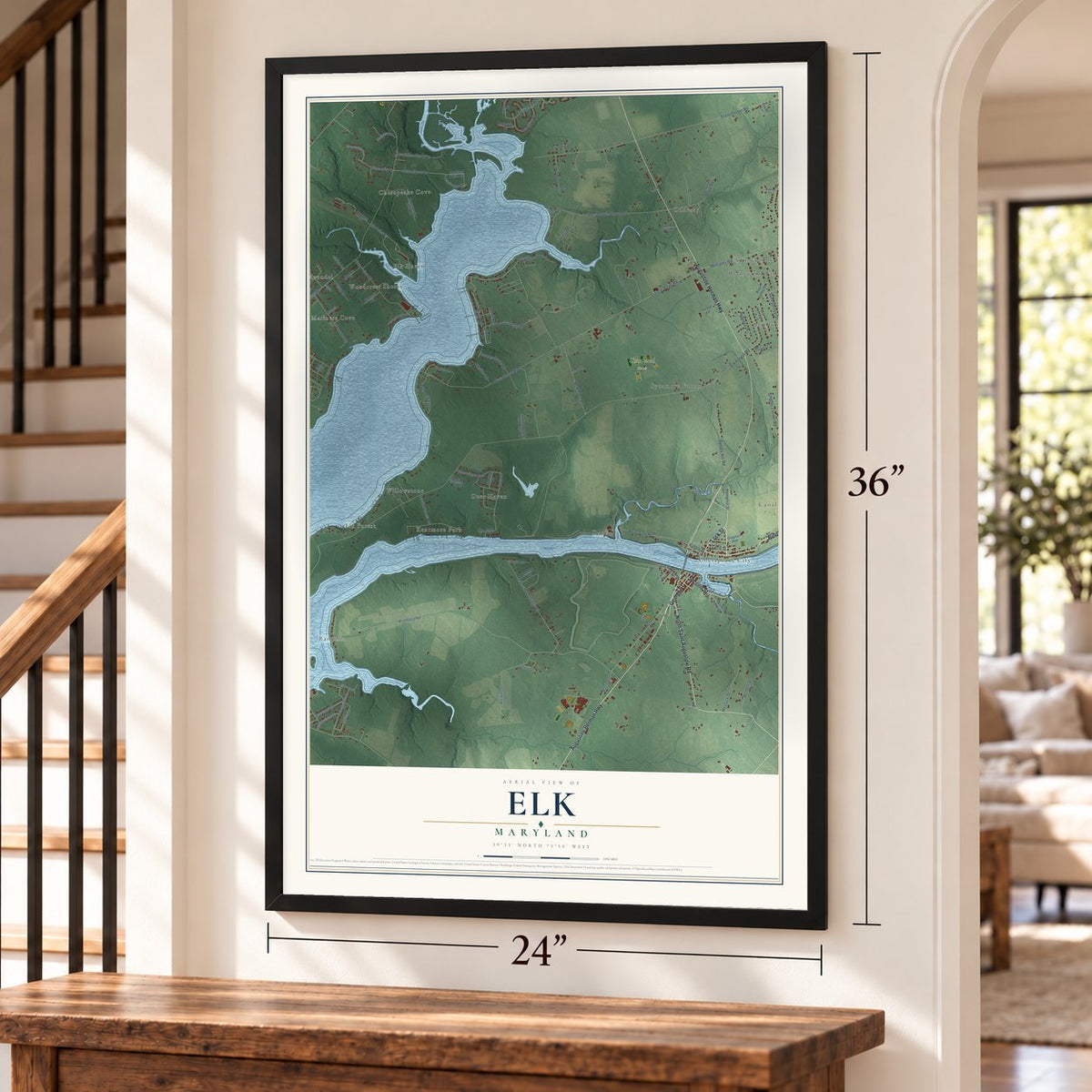 Elk, Maryland map, 24 x 36 inch print in a black frame by a staircase