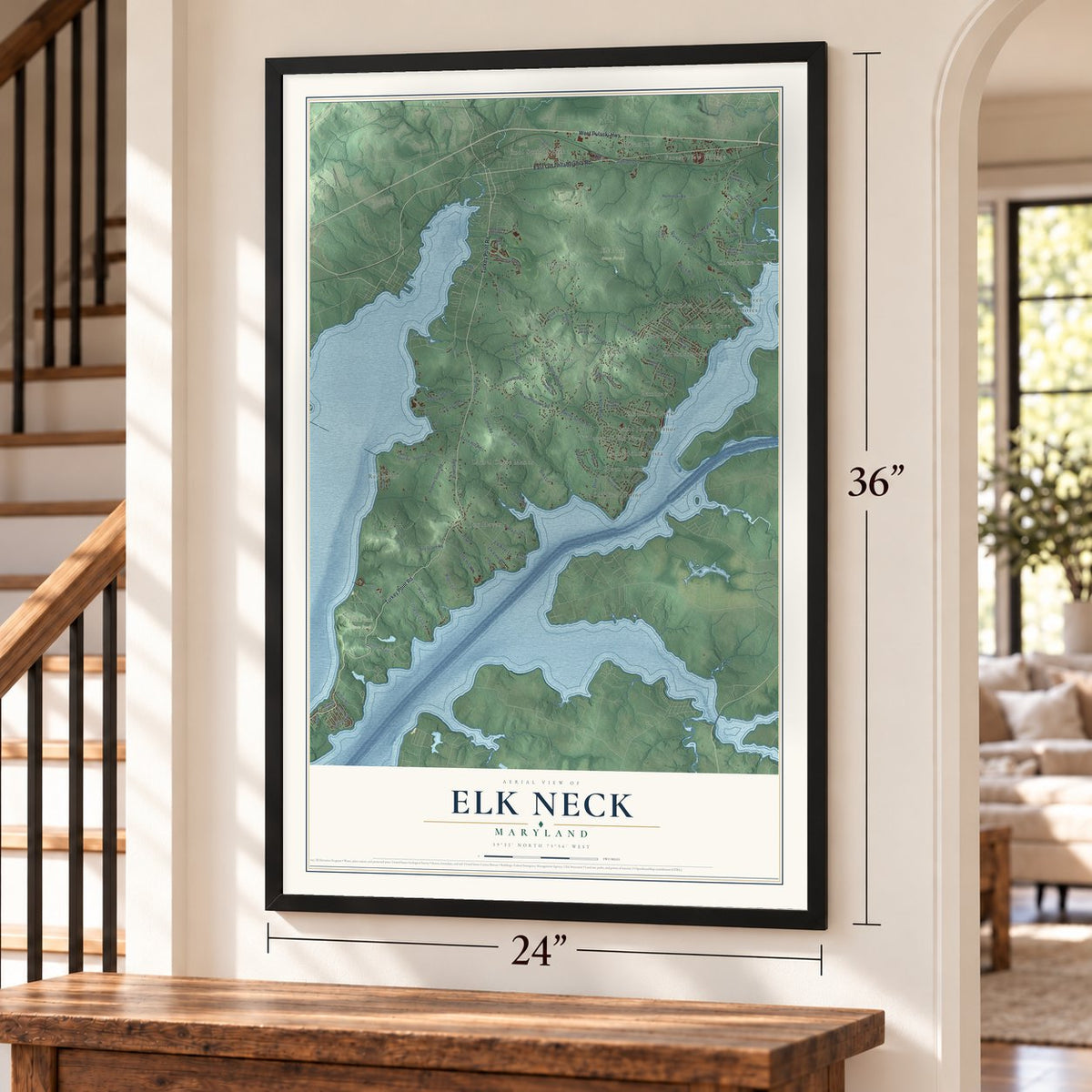 Elk Neck, Maryland map, 24 x 36 inch print in a black frame by a staircase
