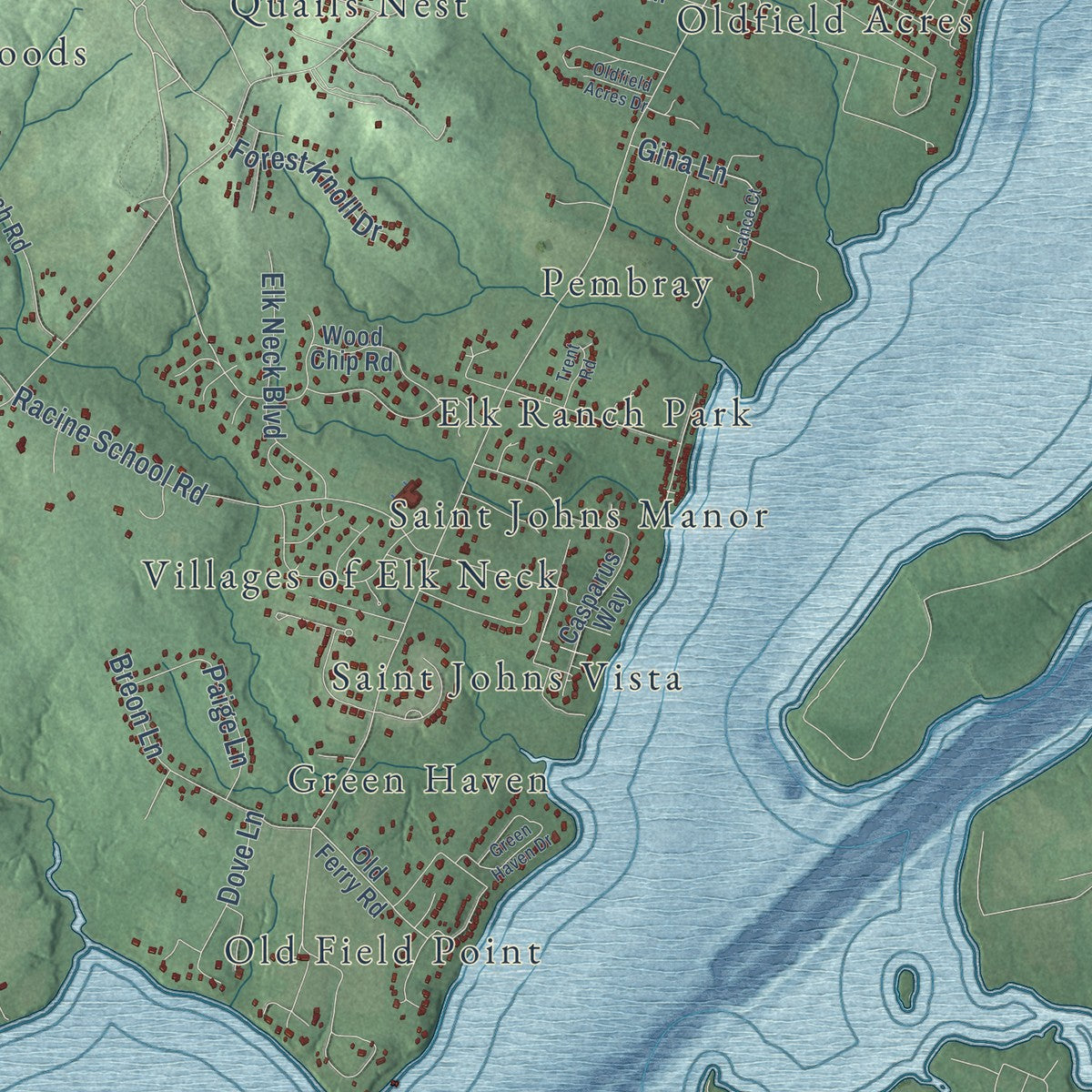 Close-up of the map of Elk Neck, Maryland print showing street and building detail