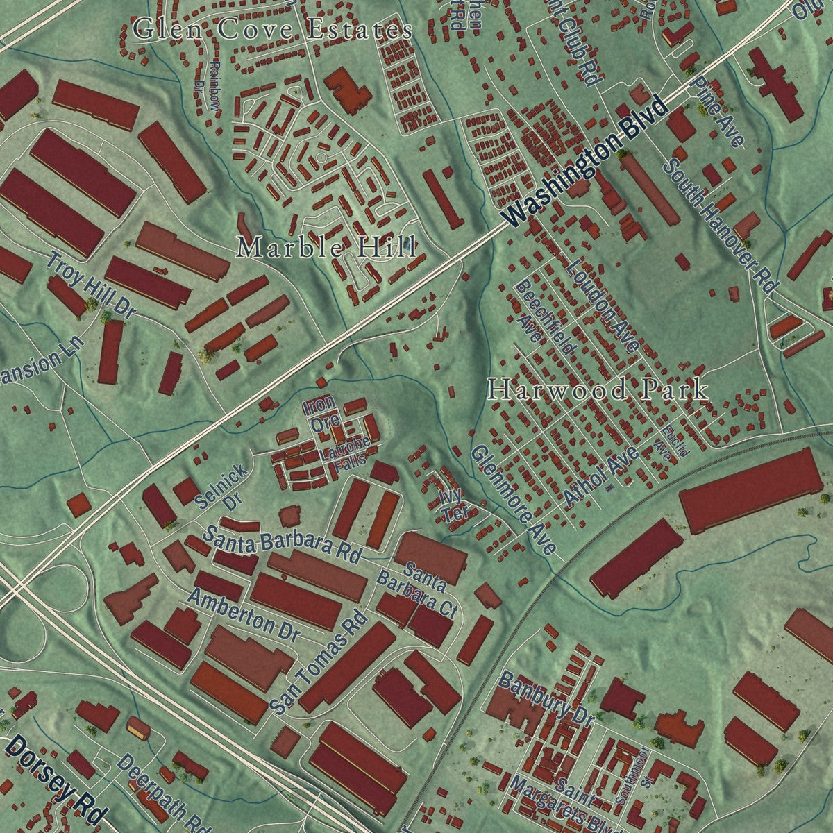 Close-up of the map of Elkridge, Maryland print showing street and building detail