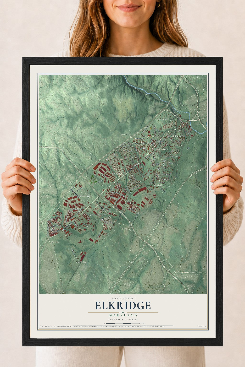 Map of Elkridge, Maryland, 18 x 24 inch print in a black wood frame