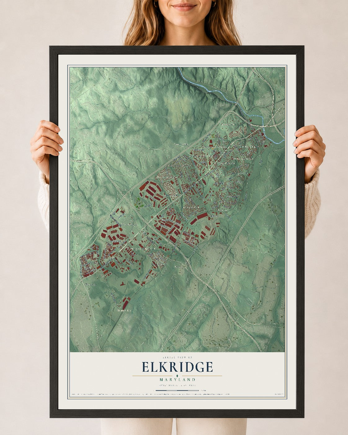 Map of Elkridge, Maryland, 24 x 36 inch print in a black wood frame