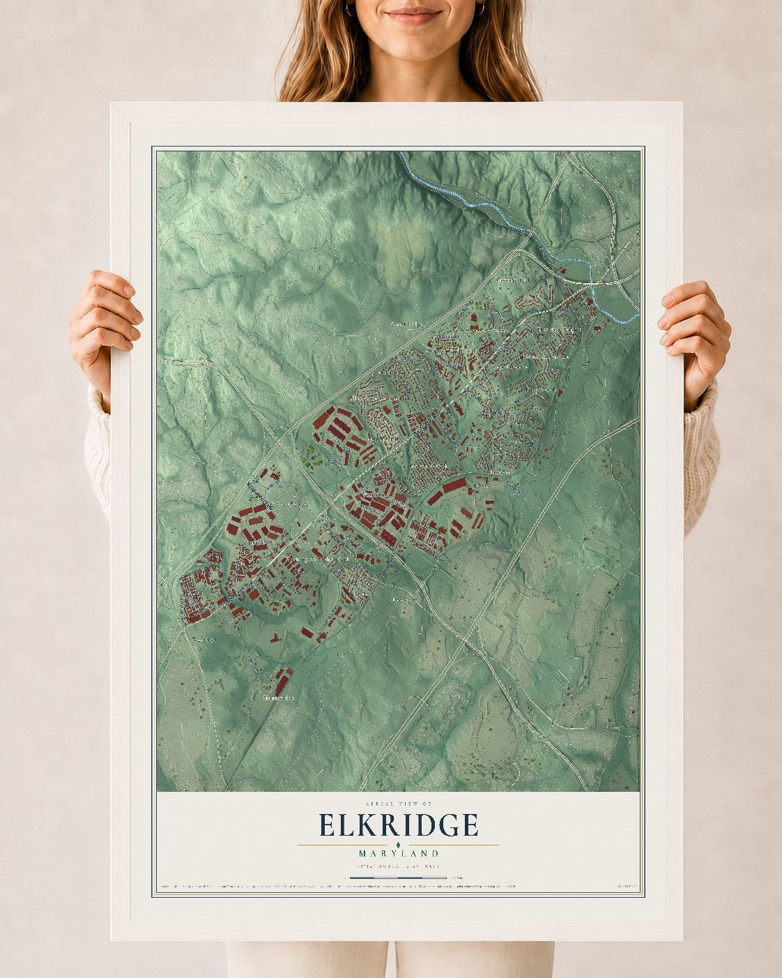 Map of Elkridge, Maryland, 24 x 36 inch print in a white wood frame