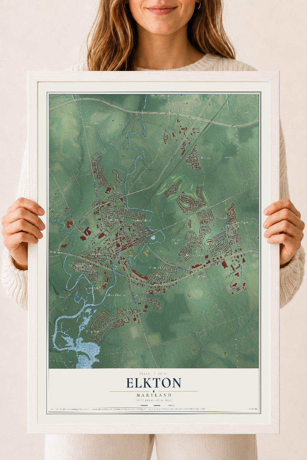 Map of Elkton, Maryland, 18 x 24 inch print in a white wood frame