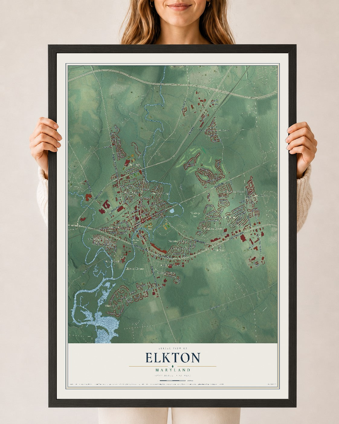 Map of Elkton, Maryland, 24 x 36 inch print in a black wood frame