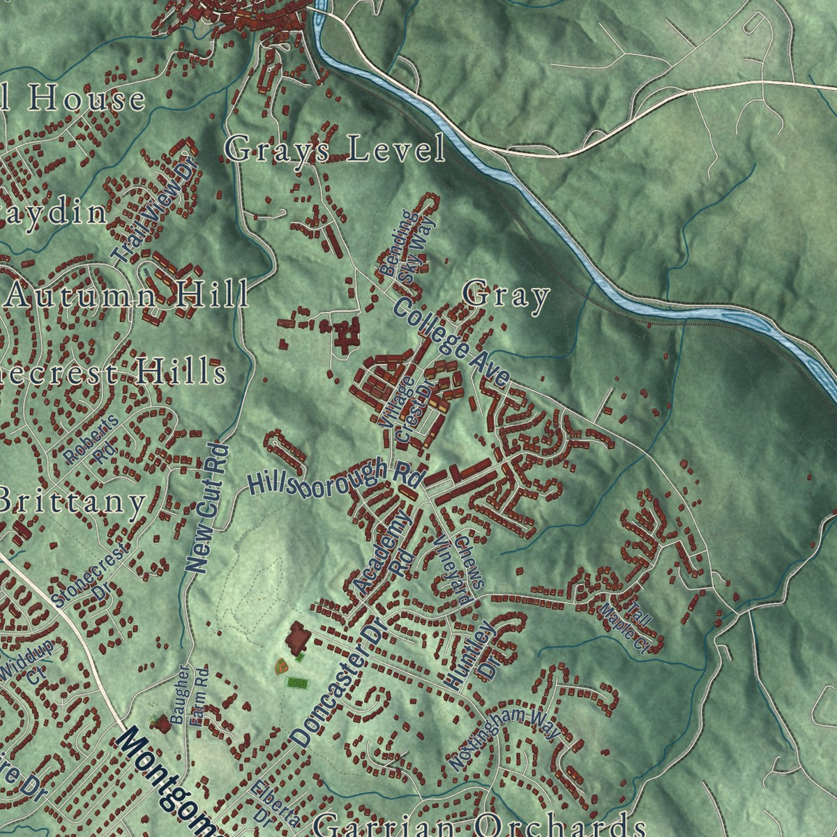 Second close-up of the map of Ellicott City, Maryland print showing more streets and buildings